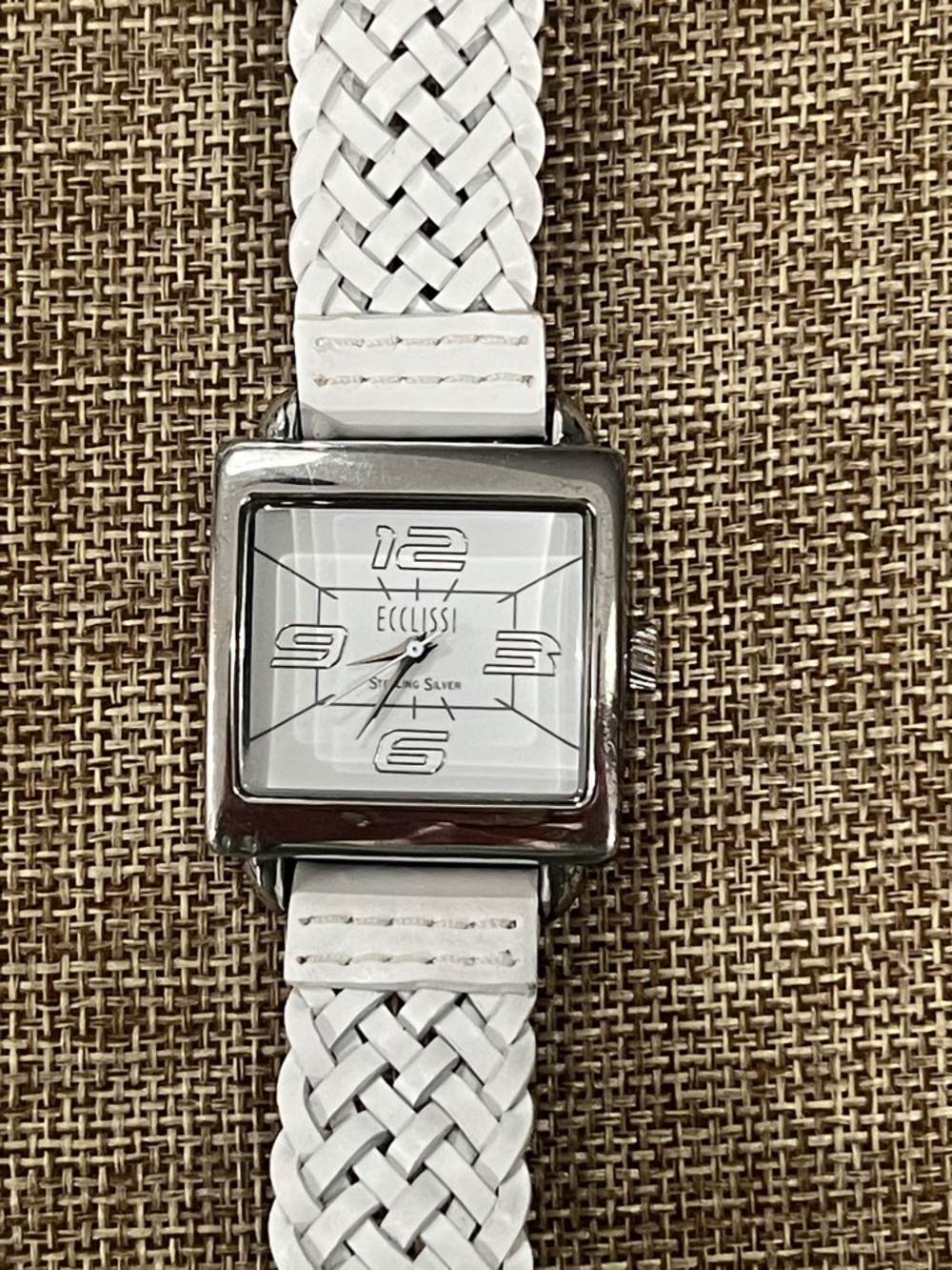 Ecclissi White Braided Leather Watch with Square Silver Case